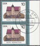 GDR 1985 Castle Burg Hohnstein postage stamp plate flaw Red dot above the left side of the roof.