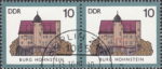 GDR 1985 Castle Burg Hohnstein postage stamp plate flaw Scratches below the tower bottom window.