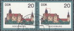 GDR 1985 Castle Rochsburg postage stamp plate flaw Colored dot to the right from the left tower.