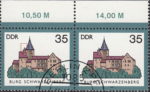 GDR 1985 Castle Burg Schwarzenberg postage stamp plate flaw Colored spot above the small tower roof.