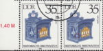 GDR 1985 Antique Mailboxes postage stamp plate flaw Scratch on pale blue ornament below letters P and O in POSTBRIEFCASTEN.