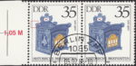 GDR 1985 Antique Mailboxes postage stamp plate flaw Tiny blue dot between the top left ornament and left frame.