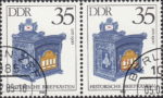 GDR 1985 Antique Mailboxes postage stamp plate flaw Minuscule curved thin line on the first white area on the mailbox.