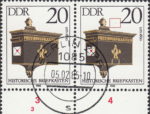 GDR 1985 Antique Mailboxes postage stamp plate flaw Small black line between numeral 2 and the top ornament of the mailbox.
