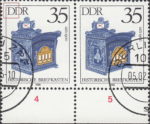 GDR 1985 Antique Mailboxes postage stamp plate flaw Tiny dot inside first letter D of DDR.