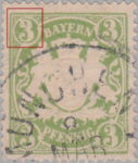 Germany Bavaria postage stamp plate flaw Straight line over numeral 3 in the upper left corner.