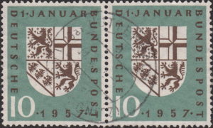 Germany Saarland stamp plate flaw Horizontal stroke of numeral 7 in 1957 short Bund 249I