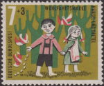 Germany postage stamp plate flaw Green dot at the lower right corner of Gretel’s apron.
