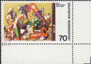 Germany stamp plate flaw Short red line above number 4 in 1974.
