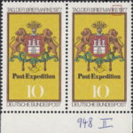 Germany postage stamp plate flaw Bottom horizontal stroke of the second letter E in BRIEFMARKE shorter BUND 948II