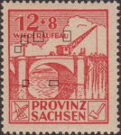 Soviet occupation zone Germany Saxony Province stamp type Right horizontal stroke of second letter U in WIEDERAUFBAU shorter.