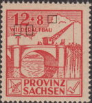 Soviet occupation zone Germany Saxony Province stamp type Horizontal line below letters I and E in WIEDERAUFBAU broken. Horizontal line below letter R in WIEDERAUFBAU thicker.