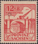 Soviet occupation zone Germany Saxony Province stamp type Second horizontal line below letter E in WIEDERAUFBAU not touching the cloud
