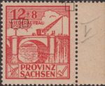 Soviet occupation zone Germany Saxony Province stamp type Second horizontal line below letter E in WIEDERAUFBAU not touching the cloud