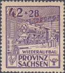 Soviet occupation zone Germany Saxony Province stamp type Railing below numeral 8 broken. Numeral 4 connected to ceiling line.