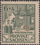 Soviet occupation zone Germany Saxony Province stamp type Colored spot on scaffolding rod above letter U in WIEDERAUFBAU.