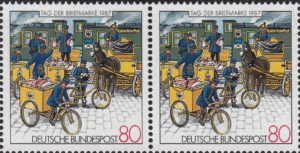 Germany, stamp day plate error: Vertical black line on railing of the first tricycle BUND 1337I