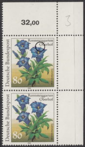 Germany flower stamp error: Vertical magenta line on the blossom, below letter O in Oberhof