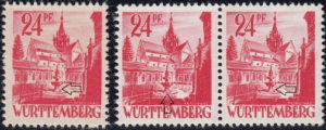 Württemberg postage stamp: Kloster Bebenhausen, Types I, IV and II