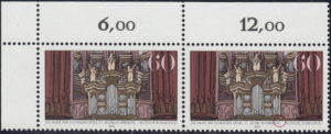 Germany 1989 Arp-Schinitger organ postage stamp plate flaw: Dark dot on the lower frame above letter G in HAMBURG