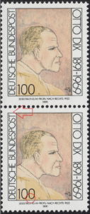 Otto Dix postage stamp error: Small dot above the frame just above the letter T of BUNDESPOST