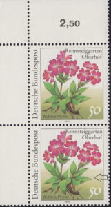 Germany 1991 Primula wulfeniana postage stamp flaw