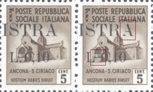 Provisional postage stamp issue for Pula overprint flaw: Dot after L very small or missing