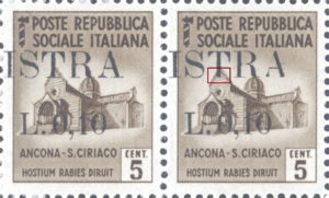Provisional postage stamp issue for Pula overprint flaw: Base of the letter T in ISTRA missing