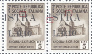 Provisional postage stamp issue for Pula overprint flaw: Letter R in ISTRA missing top left serif