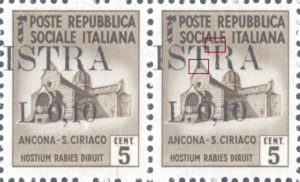 Provisional postage stamp issue for Pula overprint flaw: Letter T in ISTRA without base