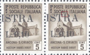 Provisional postage stamp issue for Pula overprint flaw: Letter R in ISTRA without top left serif, corner angular