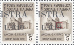 Provisional postage stamp issue for Pula overprint flaw: Second zero in denomination open on top
