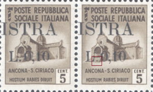 Provisional postage stamp issue for Pula overprint flaw: Small dot after letter L