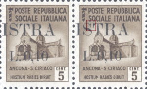 Provisional postage stamp issue for Pula overprint flaw: Top serif of letter S in ISTRA damaged
