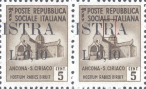 Provisional postage stamp issue for Pula overprint flaw: Letter R in ISTRA split vertically