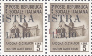 Provisional postage stamp issue for Pula overprint flaw: Serif on top of the letter L distorted