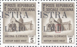Provisional postage stamp issue for Pula overprint flaw: Left serifs in numeral 1 missing
