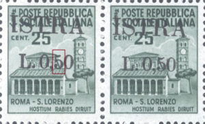 Provisional postage stamp issue for Pula overprint flaw: Horizontal line in numeral 5 shorter