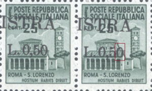 Provisional postage stamp issue for Pula overprint flaw: Second zero in denomination distorted