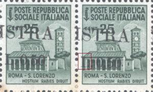 Provisional postage stamp issue for Pula overprint flaw: Horizontal line in letter L broken