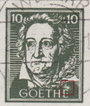 Germany, Thuringia National Theater Souvenir sheet error: white dot above GOETHE