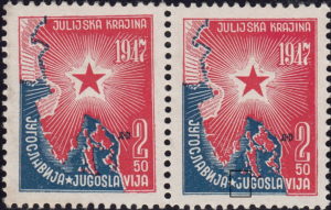 Yugoslavia 1947 annexation of Zone B stamp plate flaw 2 din First letter J in JUGOSLAVIJA damaged
