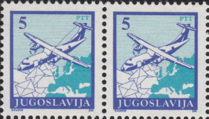 Yugoslavia 1990 airplane postage stamp error: thin line above fuselage
