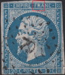 France Napoleon III 20 centimes postage stamp error The lowest horizontal stroke of the second letter E in EMPIRE thick, letter R in FRANC almost completely white