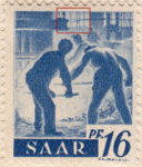 Germany SAAR postage stamp error: Window above middle workman’s head cracked.