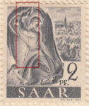 Germany SAAR postage stamp error: Thin vertical line over miner’s entire body.