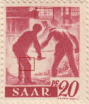 Germany SAAR postage stamp error: Two windows above middle worker’s head broken, colored spot on left worker’s leg.