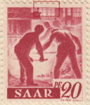 Germany SAAR postage stamp error: Two top windows above middle workman’s head broken.