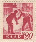 Germany SAAR postage stamp error: Big pale spot on the back of the right worker.