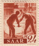 Germany SAAR postage stamp error: Windows above middle worker’s head broken.